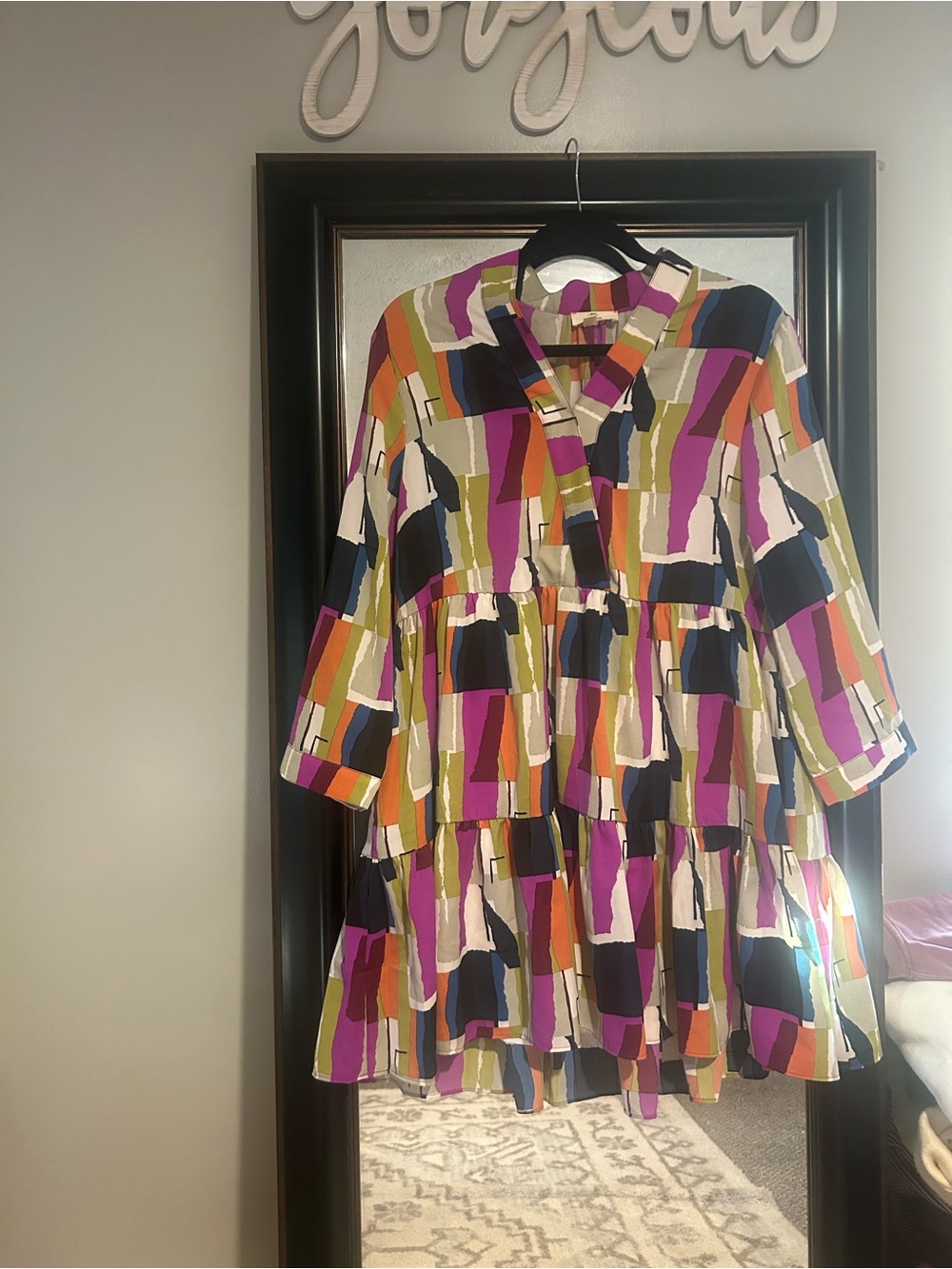 Entro Abstract Tiered Midi Dress in Pink, Green, Black and Orange